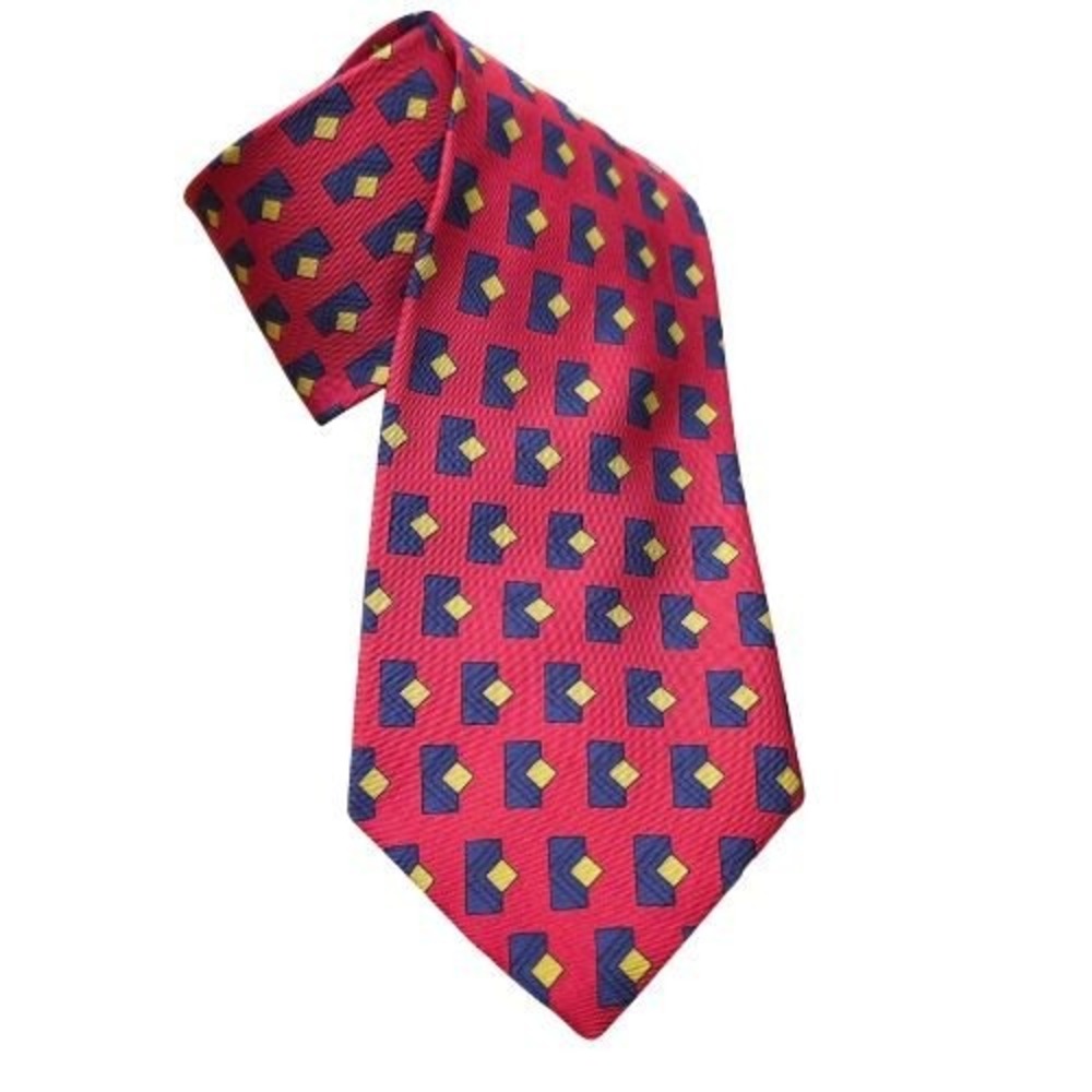 J.Crew Mens Pink Geometric Silk Tie‎ Blue Yellow Hand Made USA Preppy Retro